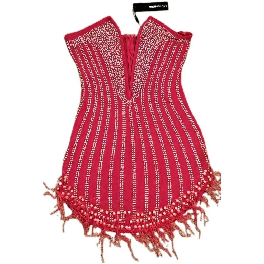 Fashion Nova NWT Glammed Up Embellished Red Mini Dress Misses Size Large - Picture 5 of 11